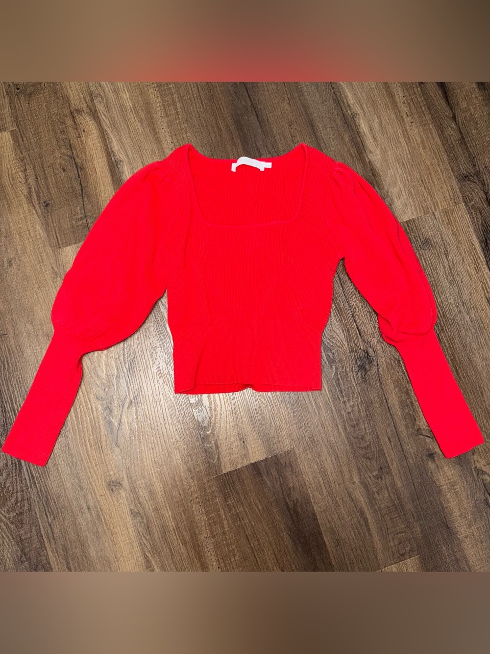 Astr the Label Red Square-Neck Puff Sleeve Knit Sweater Top
